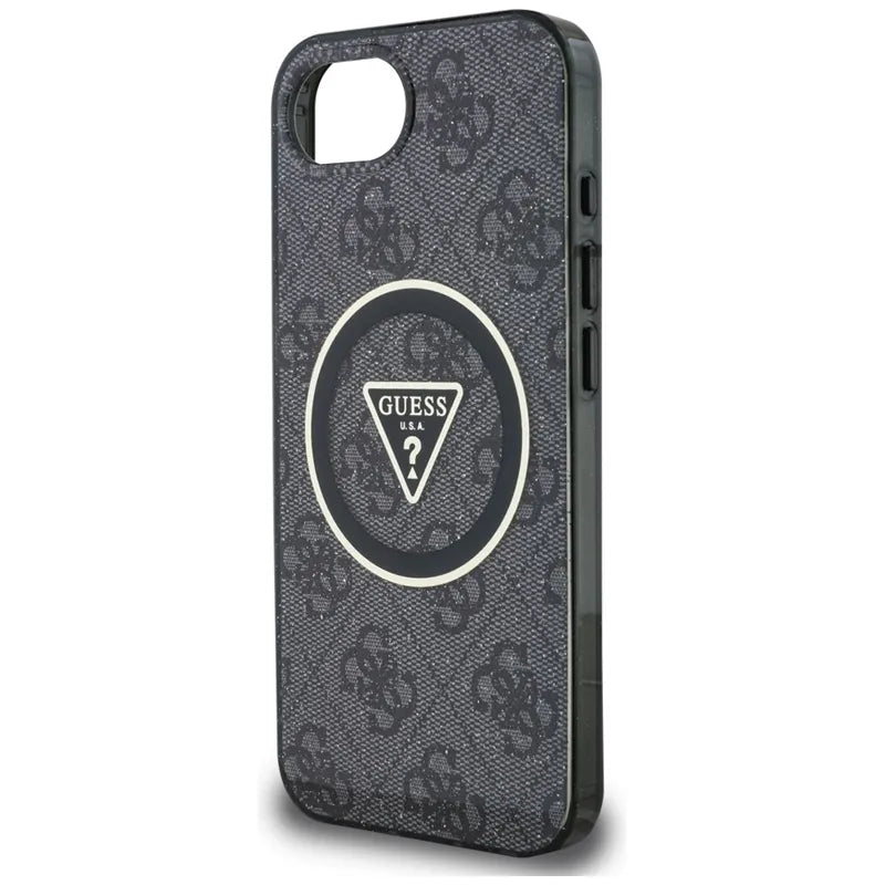 Guess IML Metal Glitter 4G Circle Triangle MagSafe – dėklas iPhone 16e telefonui (juodas)