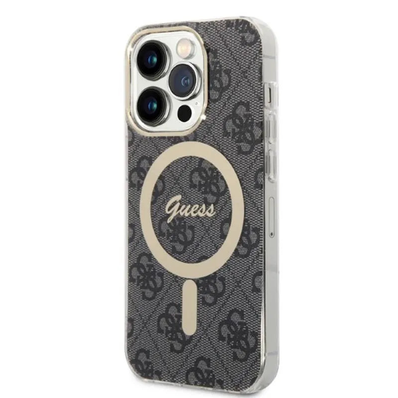 „Guess“ rinkinys „Bundle Pack MagSafe 4G“ – dėklo „iPhone 14 Pro“ ir „MagSafe“ įkroviklio komplektas (juodas/auksinis)