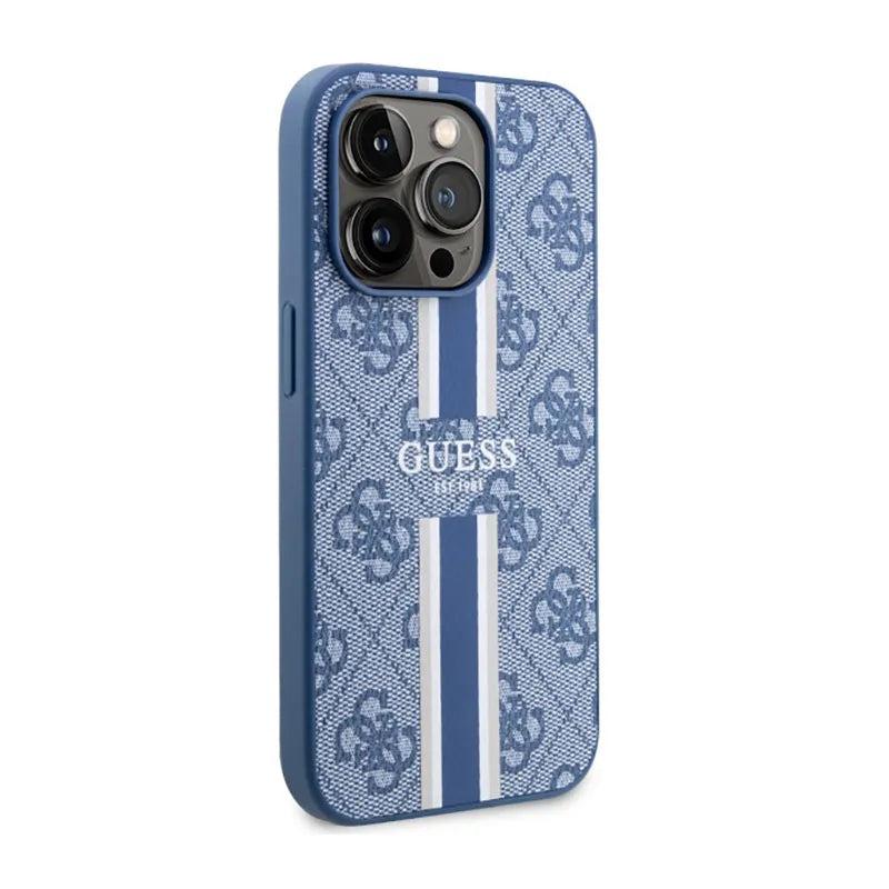 Guess 4G Printed Stripes MagSafe – dėklas iPhone 14 Pro (mėlynas)
