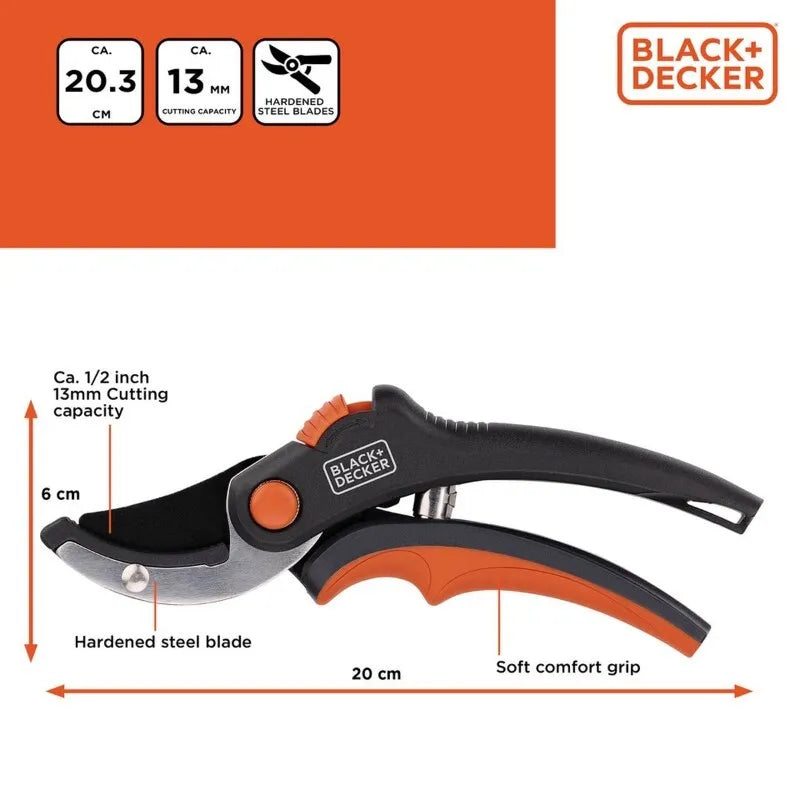 Black&Decker – sodo žirklės gėlėms / gyvatvorėms su grūdinto plieno geležte