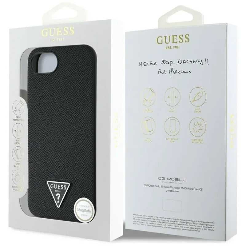 Guess Grained Triangle MagSafe – dėklas iPhone 16e (juodas)