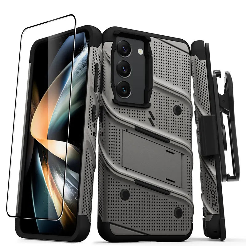 ZIZO BOLT serija – šarvuotas dėklas Samsung Galaxy S23 su 9H ekrano stiklu + laikiklis su stovu (pilkas)