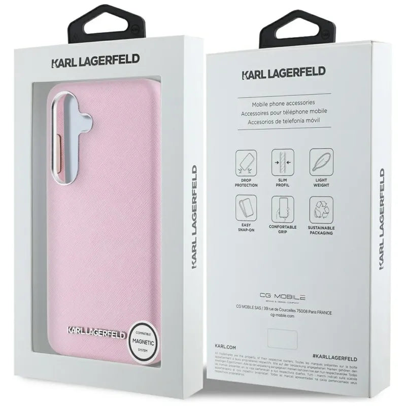 Karl Lagerfeld Saffiano Full Wrapped Elongated Metal Logo MagSafe – dėklas Samsung Galaxy S25 telefonui (rožinis)