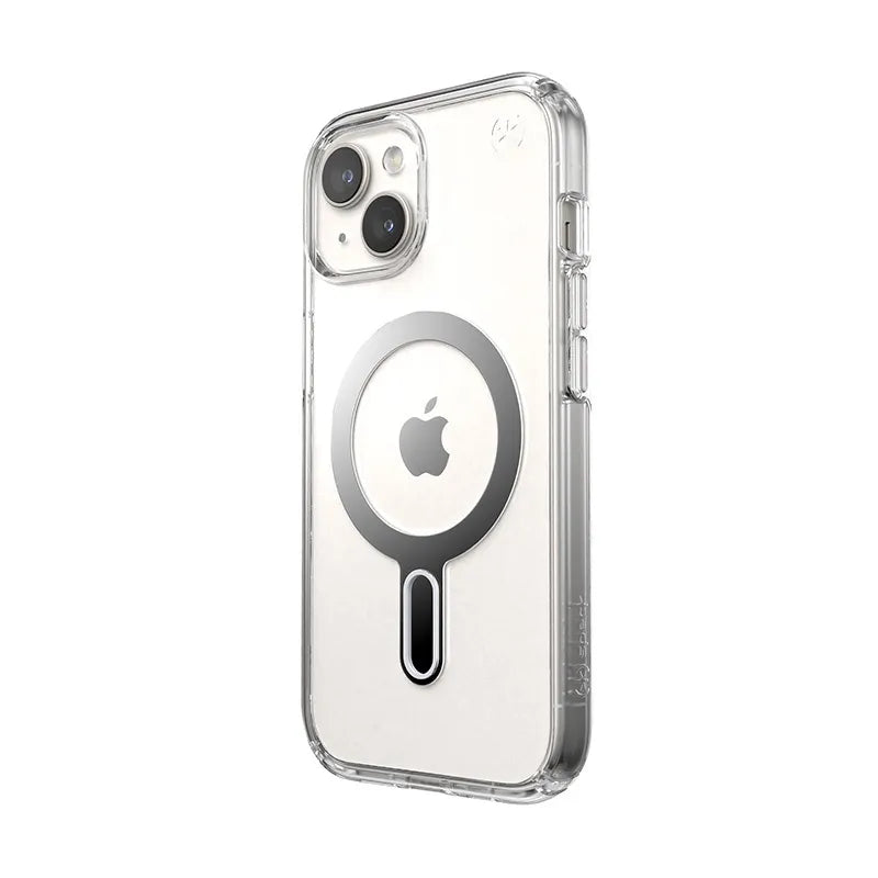 Speck Presidio Perfect-Clear ClickLock & MagSafe dėklas - iPhone 17e / 16e / 15 / 14 / 13 (Skaidrus / Chromuota apdaila / Serene Silver)