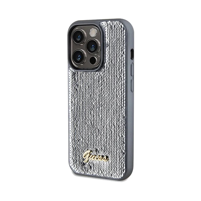 Guess Sequin Script Metal – dėklas „iPhone 14 Pro Max“ (sidabrinis)