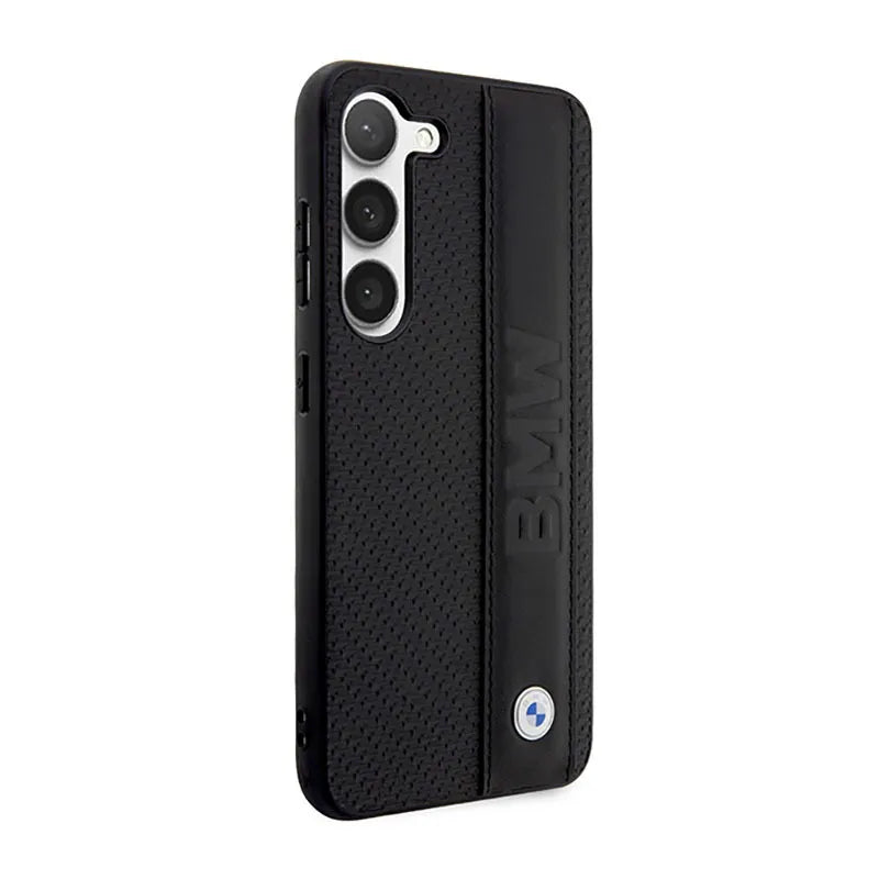 BMW Leather Textured & Stripe – dėklas Samsung Galaxy S23+ (juodas)