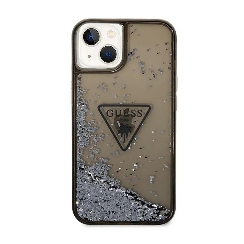 Guess Liquid Glitter Triangle Logo dėklas - Dėklas iPhone 14 Plus (Juodas)