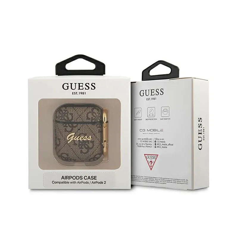 Guess 4G Script Metal Collection – dėklas Apple AirPods 1/2 gen (rudos spalvos)