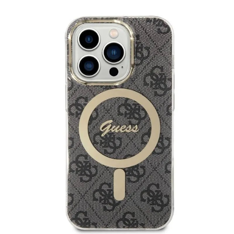 „Guess“ rinkinys „Bundle Pack MagSafe 4G“ – dėklo „iPhone 14 Pro“ ir „MagSafe“ įkroviklio komplektas (juodas/auksinis)