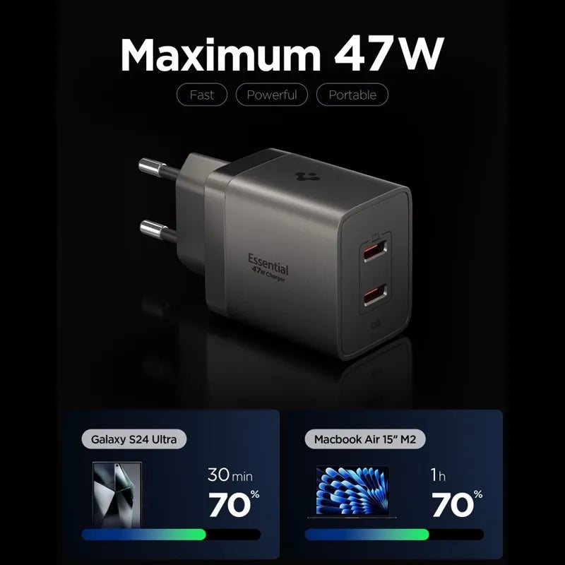Spigen Essential EE472EU GaN - 2x USB-C PD PPS 47W sieninis įkroviklis (tamsiai pilkas)