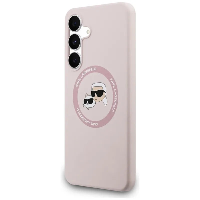 Karl Lagerfeld Silicone Karl & Choupette Heads MagSafe – dėklas Samsung Galaxy S25 FE (rožinis)