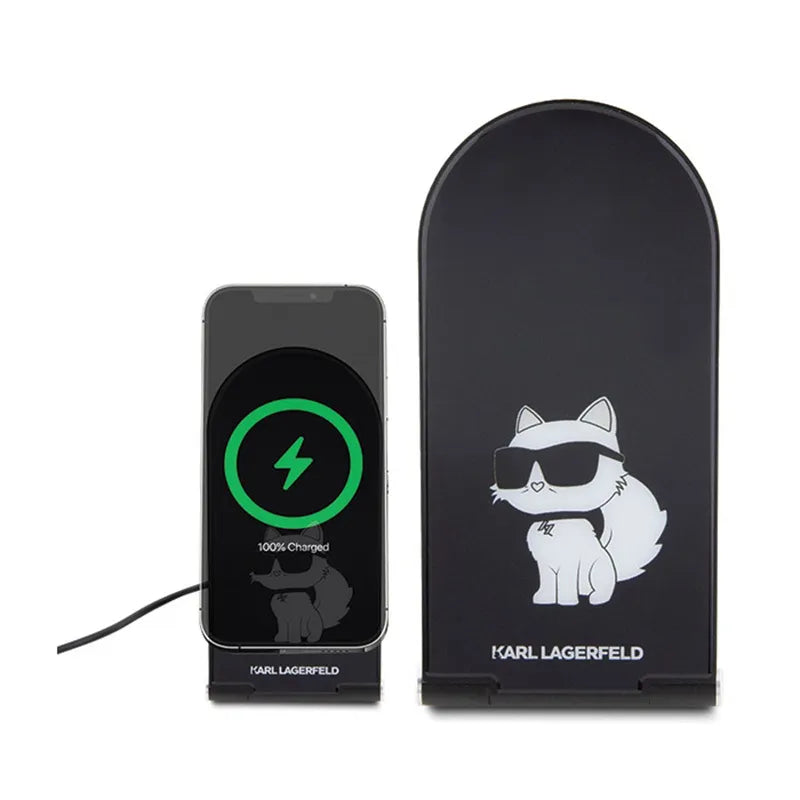 Karl Lagerfeld Choupette MagSafe – sulankstomas 2 viename indukcinis įkroviklis su MagSafe funkcija, skirtas iPhone ir AirPods telefonams bei ausinėms, 15 W (juodas)