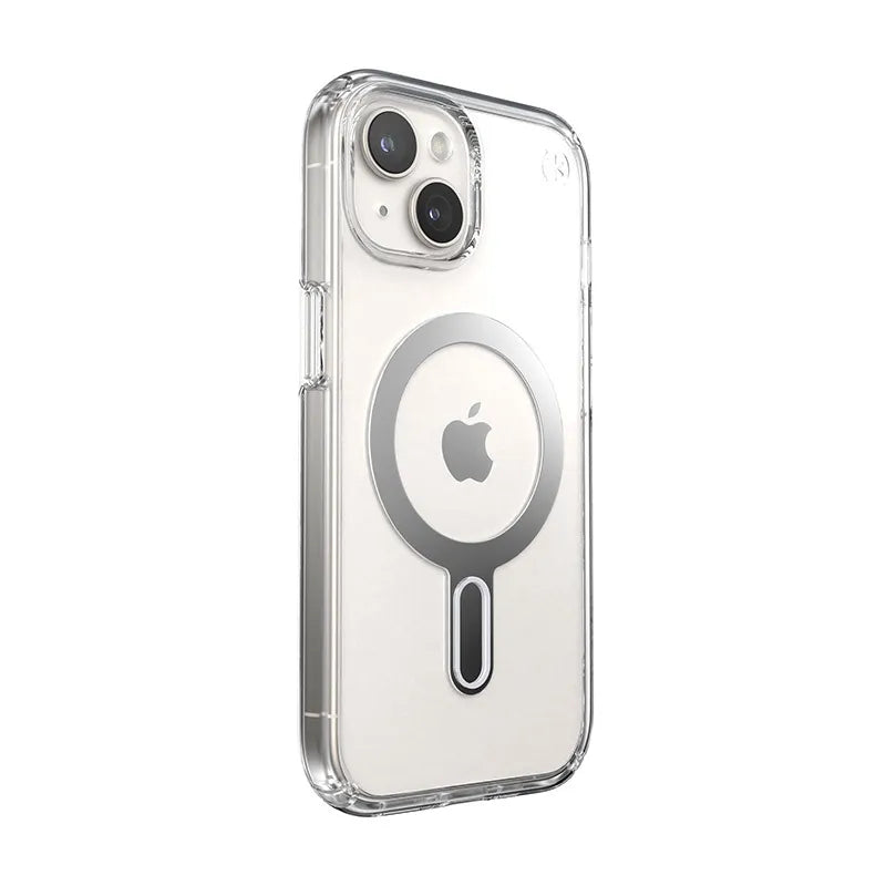 Speck Presidio Perfect-Clear ClickLock & MagSafe dėklas - iPhone 17e / 16e / 15 / 14 / 13 (Skaidrus / Chromuota apdaila / Serene Silver)