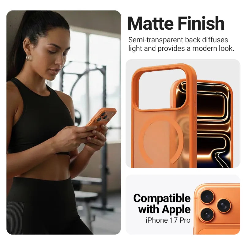 Crong Hybrid Matte Magnetic – MagSafe dėklas telefonui iPhone 17 Pro (oranžinis)