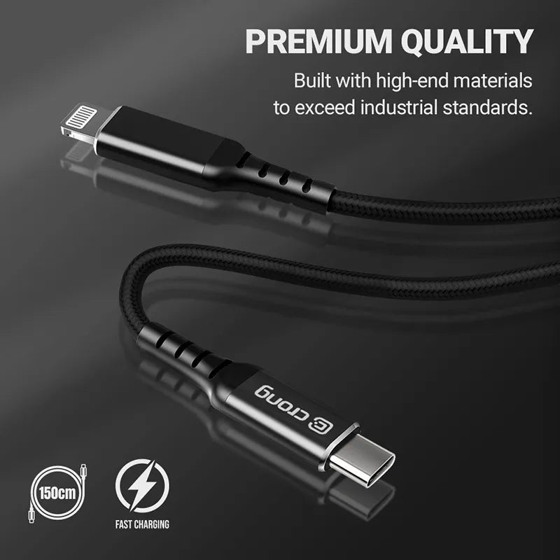 Crong Armor Link - USB-C Lightning greito įkrovimo MFi laidas 150cm (juodas)