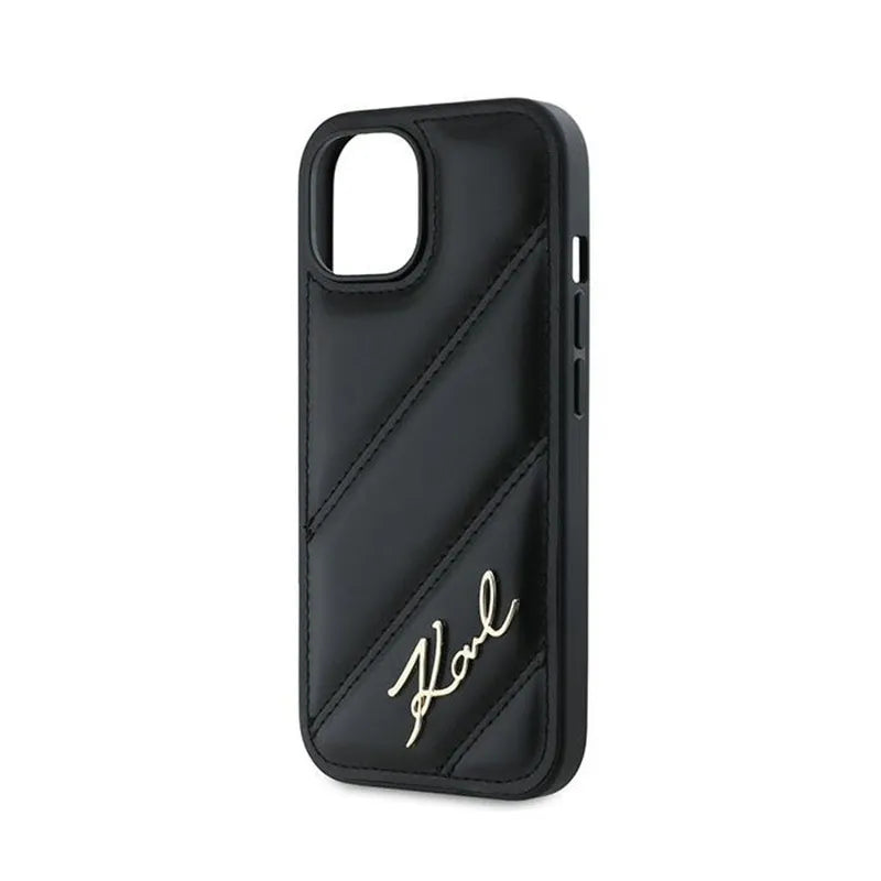 Karl Lagerfeld Diagonal Quilted Script – dėklas iPhone 14 / 15 / 13 (juodas)
