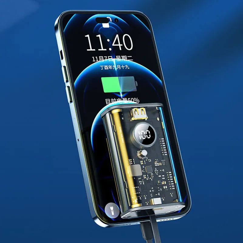 WEKOME WP-345 Vanguard Series – 10000 mAh išorinė baterija, greitas įkrovimas su integruotu USB-C ir Lightning PD 20W laidu + QC 22.5W (geltona)