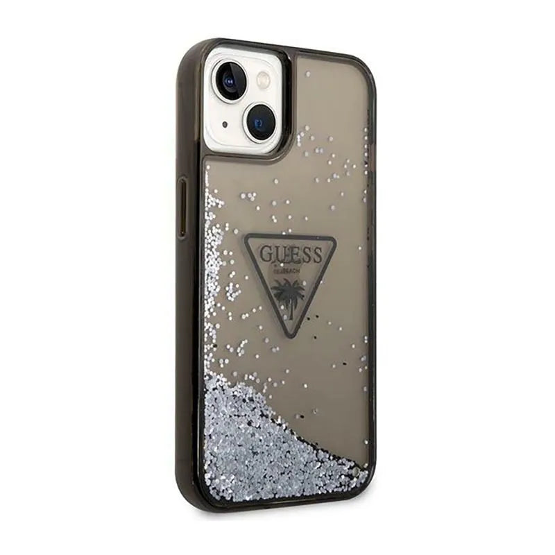 Guess Liquid Glitter Triangle Logo dėklas - Dėklas iPhone 14 Plus (Juodas)