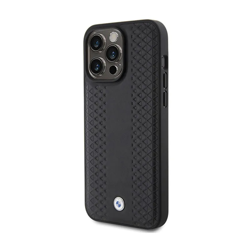 BMW odinis dėklas su rombų raštu – skirtas iPhone 15 Pro (juodas)