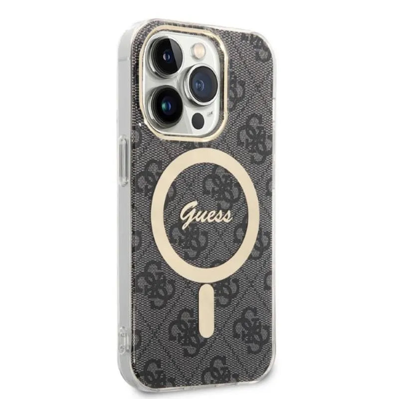 „Guess“ rinkinys „Bundle Pack MagSafe 4G“ – dėklo „iPhone 14 Pro“ ir „MagSafe“ įkroviklio komplektas (juodas/auksinis)
