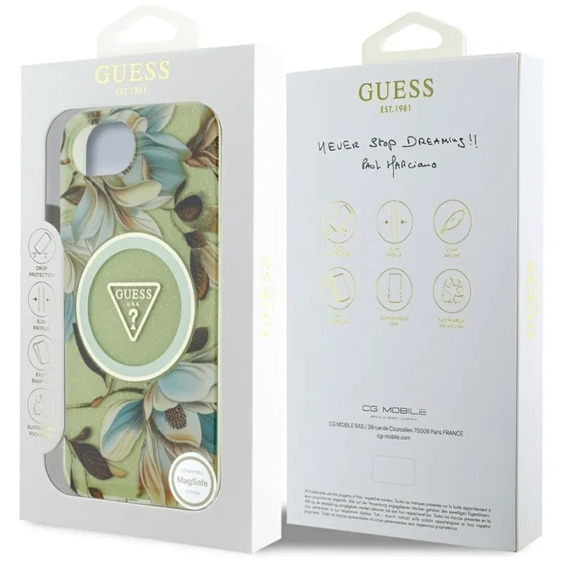 Guess IML Metal Glitter Flowers Triangle MagSafe – dėklas iPhone 16e telefonui (žalias)