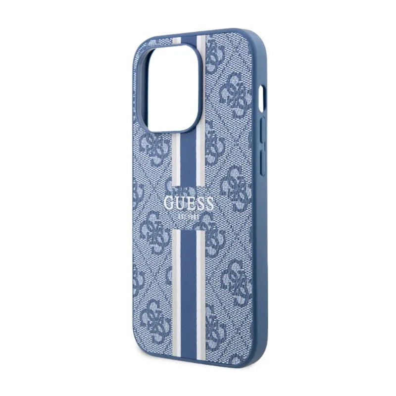 Guess 4G Printed Stripes MagSafe – dėklas iPhone 14 Pro (mėlynas)