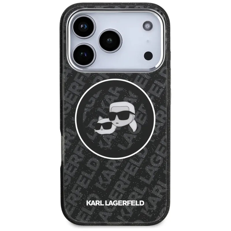 Karl Lagerfeld IML Glitter Karl & Choupette Heads Logo MagSafe – dėklas iPhone 17 Pro (juodas)