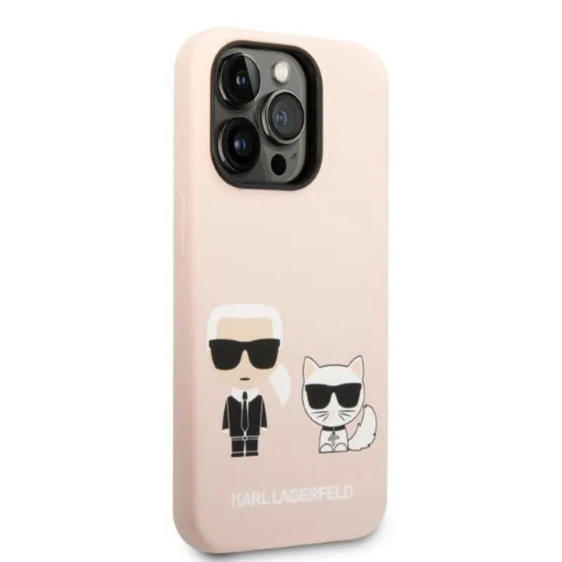 Karl Lagerfeld Liquid Silicone Karl & Choupette MagSafe dėklas, skirtas iPhone 14 Pro Max (rožinis)