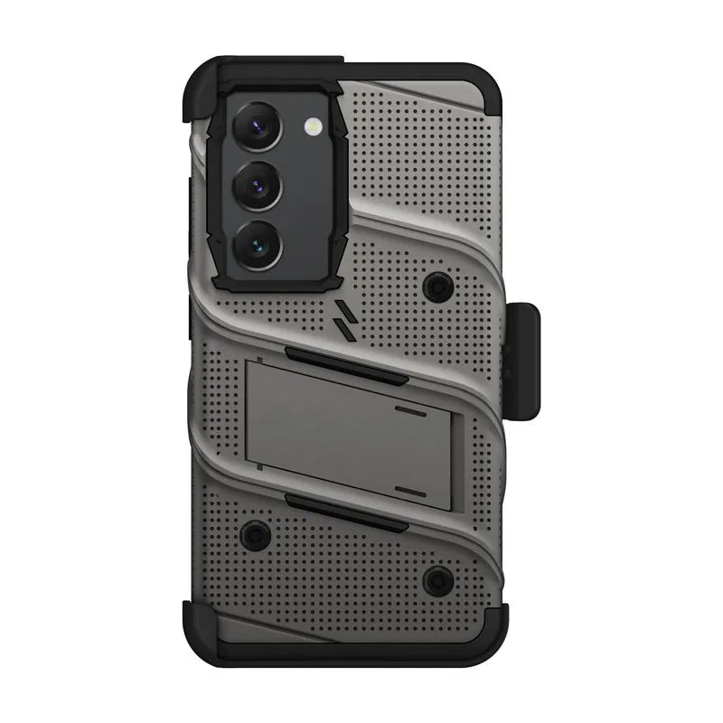 ZIZO BOLT serija – šarvuotas dėklas Samsung Galaxy S23 su 9H ekrano stiklu + laikiklis su stovu (pilkas)