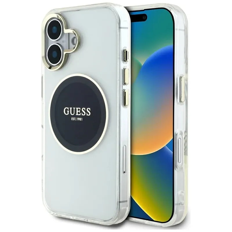 Guess IML Metal Colored Circle Classic Logo MagSafe – dėklas iPhone 16 (juodas)
