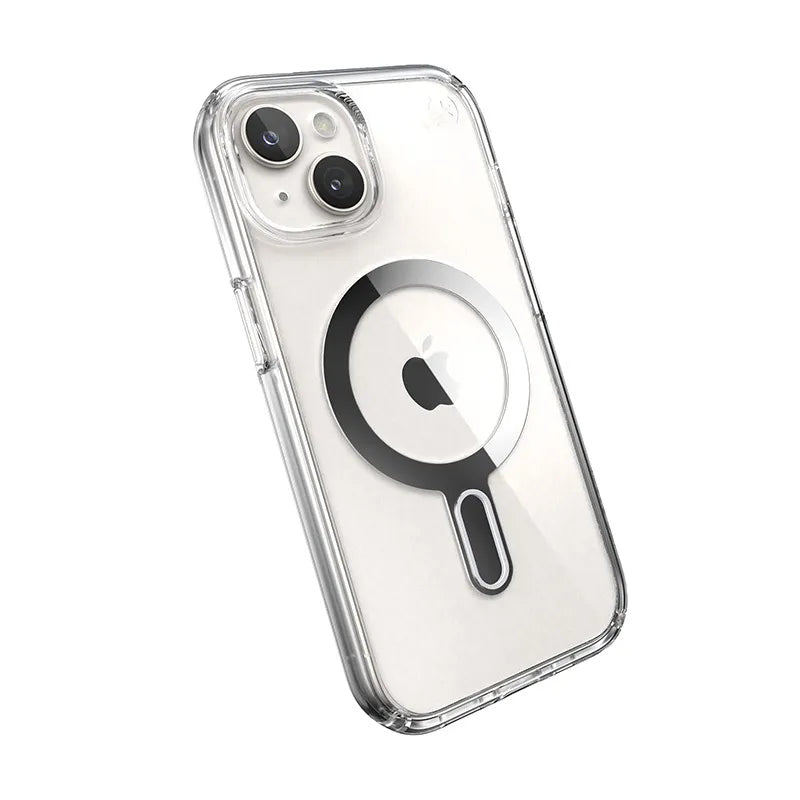 Speck Presidio Perfect-Clear ClickLock & MagSafe dėklas - iPhone 17e / 16e / 15 / 14 / 13 (Skaidrus / Chromuota apdaila / Serene Silver)