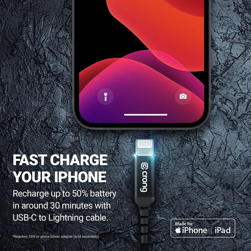 Crong Armor Link - USB-C Lightning greito įkrovimo MFi laidas 150cm (juodas)