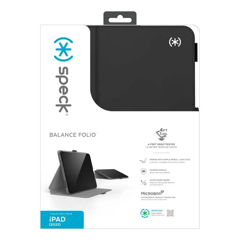 Speck Balance Folio – iPad 11" (2025) / 10.9" (2022) dėklas su MICROBAN danga, magnetu ir stovu (juodas)