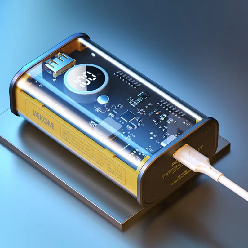 WEKOME WP-345 Vanguard Series – 10000 mAh išorinė baterija, greitas įkrovimas su integruotu USB-C ir Lightning PD 20W laidu + QC 22.5W (geltona)