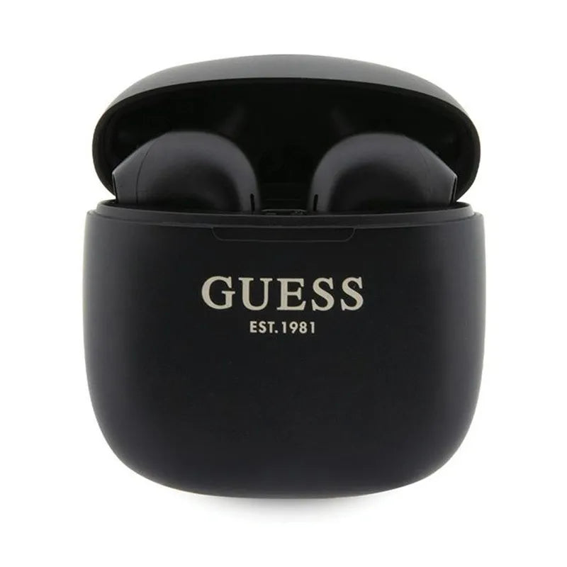 Guess True Wireless Script Logo BT5.3 – TWS ausinės su įkrovimo dėklu (juodos)