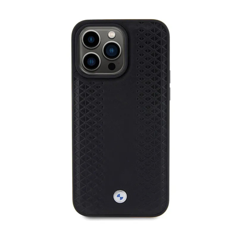 BMW odinis dėklas su rombų raštu – skirtas iPhone 15 Pro (juodas)