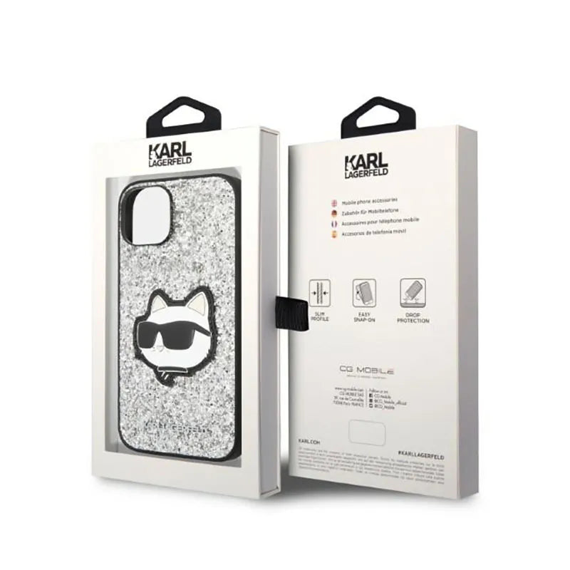 Karl Lagerfeld NFT Glitter Choupette Patch – dėklas iPhone 14 (sidabrinis)
