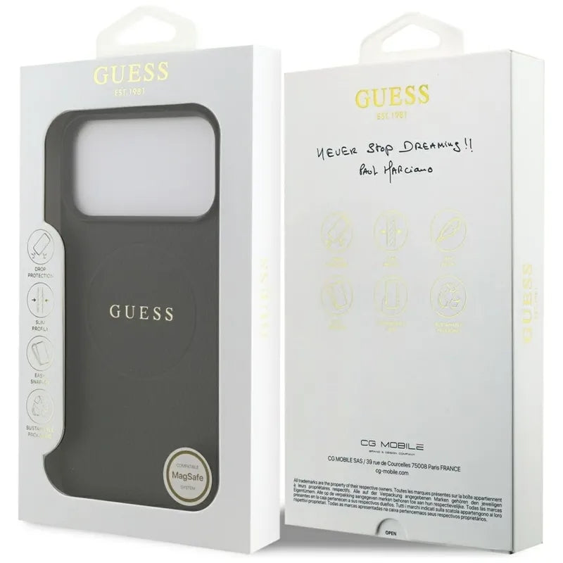Guess Grained Ring MagSafe – Dėklas iPhone 17 Pro Max (juodas)