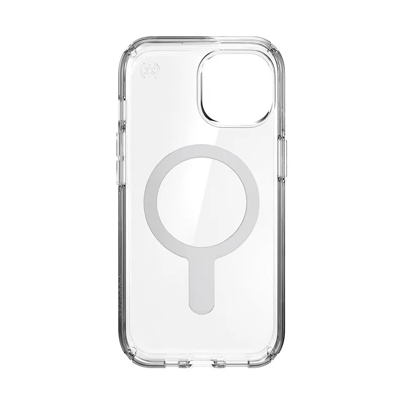 Speck Presidio Perfect-Clear ClickLock & MagSafe dėklas - iPhone 17e / 16e / 15 / 14 / 13 (Skaidrus / Chromuota apdaila / Serene Silver)