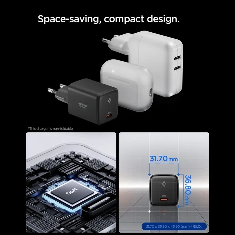 „Spigen EE451EU Essential GaN Pro“ – USB-C PD PPS 45 W sieninis įkroviklis + 1 m USB-C laidas (juodas)