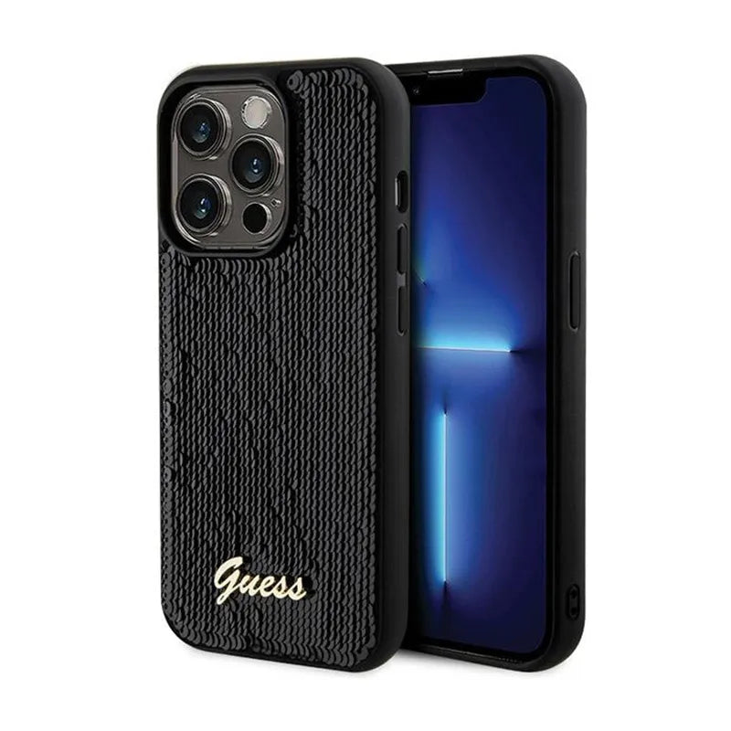 Guess Sequin Script Metal dėklas, skirtas iPhone 13 Pro Max (juodas)