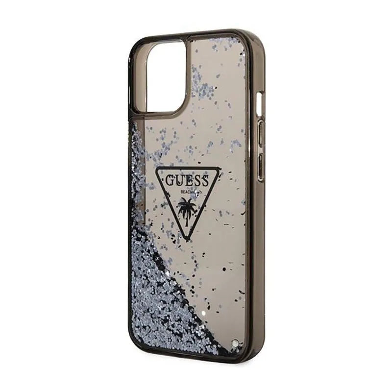 Guess Liquid Glitter Triangle Logo dėklas - Dėklas iPhone 14 Plus (Juodas)