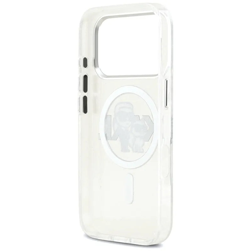 Karl Lagerfeld IML Glitter Karl & Choupette Sketch Logo MagSafe – Dėklas iPhone 17 Pro (skaidrus)
