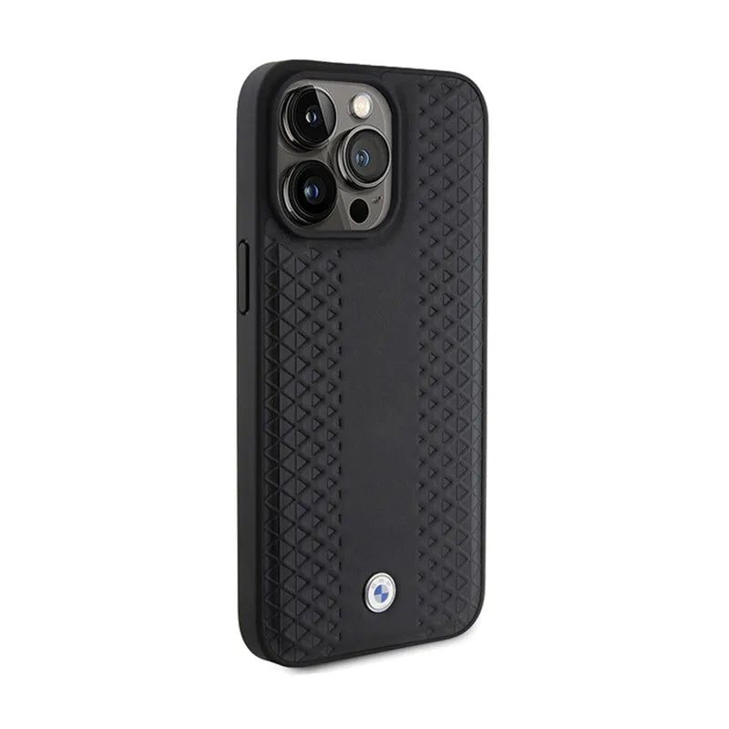 BMW odinis dėklas su rombų raštu – skirtas iPhone 15 Pro (juodas)