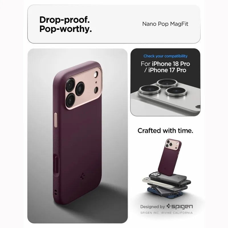 „Spigen Nano Pop Mag MagSafe“ – dėklas, skirtas „iPhone 18 Pro“ / „17 Pro“ („Burgundy Bean“)
