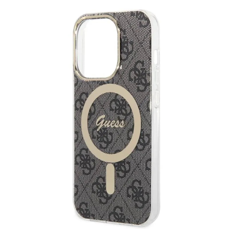 „Guess“ rinkinys „Bundle Pack MagSafe 4G“ – dėklo „iPhone 14 Pro“ ir „MagSafe“ įkroviklio komplektas (juodas/auksinis)