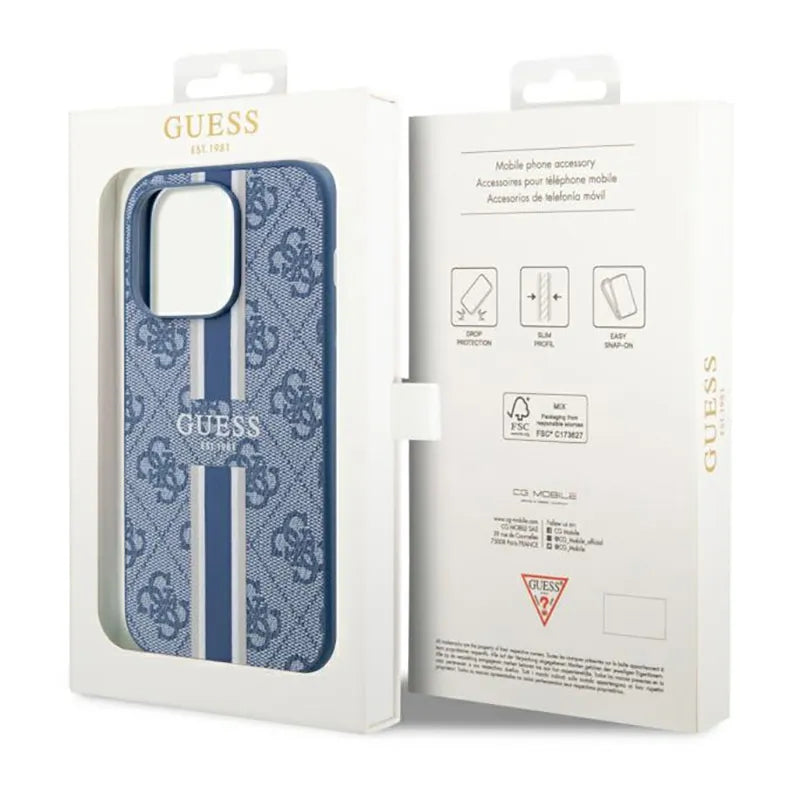 Guess 4G Printed Stripes MagSafe – dėklas iPhone 14 Pro (mėlynas)