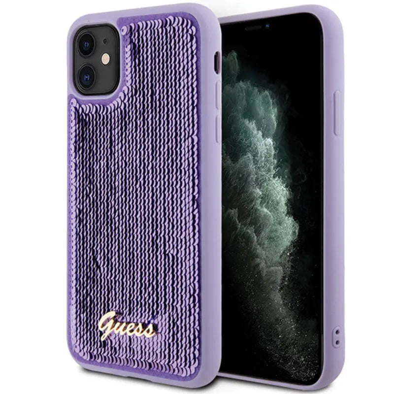 Guess Sequin Script Metal – dėklas iPhone 11 (violetinis)