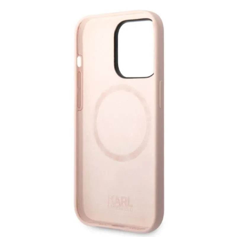 Karl Lagerfeld Liquid Silicone Karl & Choupette MagSafe dėklas, skirtas iPhone 14 Pro Max (rožinis)