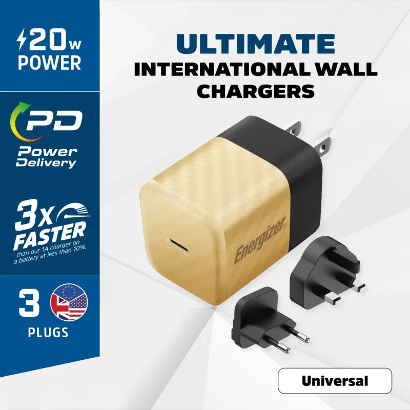 Energizer Ultimate - kelių jungčių ES / JK / JAV GaN 20 W PD tinklo įkroviklis (auksinis)